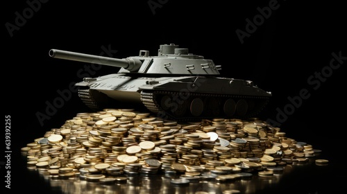 War Economics: Miniature Tank on Coins Representing the Cost of Military Operations