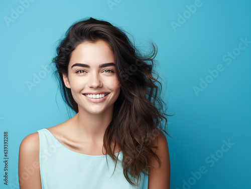 A cheerful and youthful woman stands confidently against a backdrop of solid color blue background