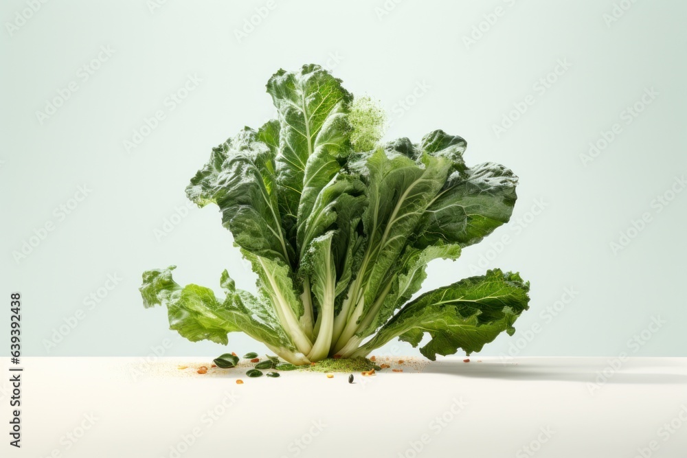 Fresh lettuce leaves on a white table, symbolizing minimalistic healthy eating Fresh lettuce leaves on a white table, symbolizing minimalistic healthy eating