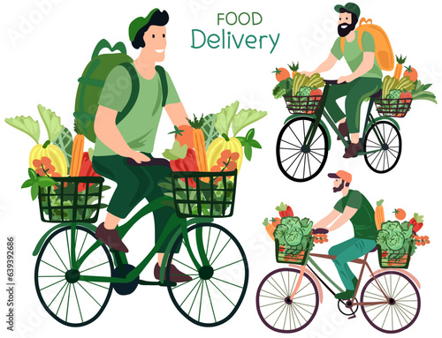 Grocery acquisition, Courier on bike delivers fresh vegetables and fruits from a supermarket. Green logistics. Ecological fast delivery home and office. Vector illustration.