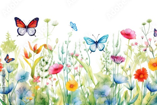 Fleurs  feuilles  plantes et papillons volants multicolores abstraits sans couture. Vecteurs de motif isol  s sur fond blanc  illustration panoramique prairie d   t  . IA g  n  rative  g  n  rative  IA.