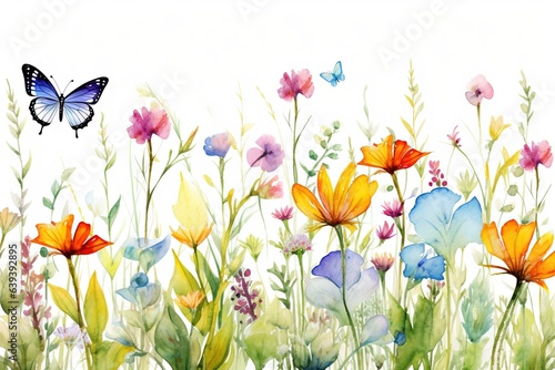 Fleurs, feuilles, plantes et papillons volants multicolores abstraits sans couture. Vecteurs de motif isolés sur fond blanc, illustration panoramique prairie d'été. IA générative, générative, IA. © Merilno