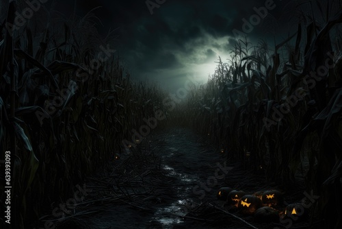 spooky scene of a empty corn field by night. Halloween background. 