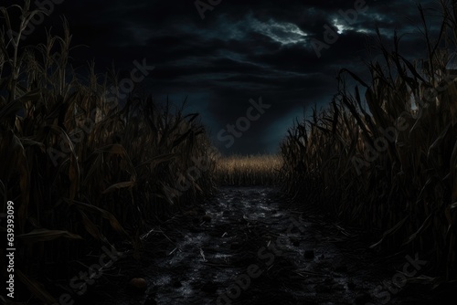spooky scene of a empty corn field by night. Halloween background.  © CreativeCreations