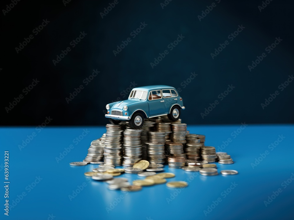 Journey to Ownership: Miniature Retro Car on Stash of Coins Journey to Ownership: Miniature Retro Car on Stash of Coins