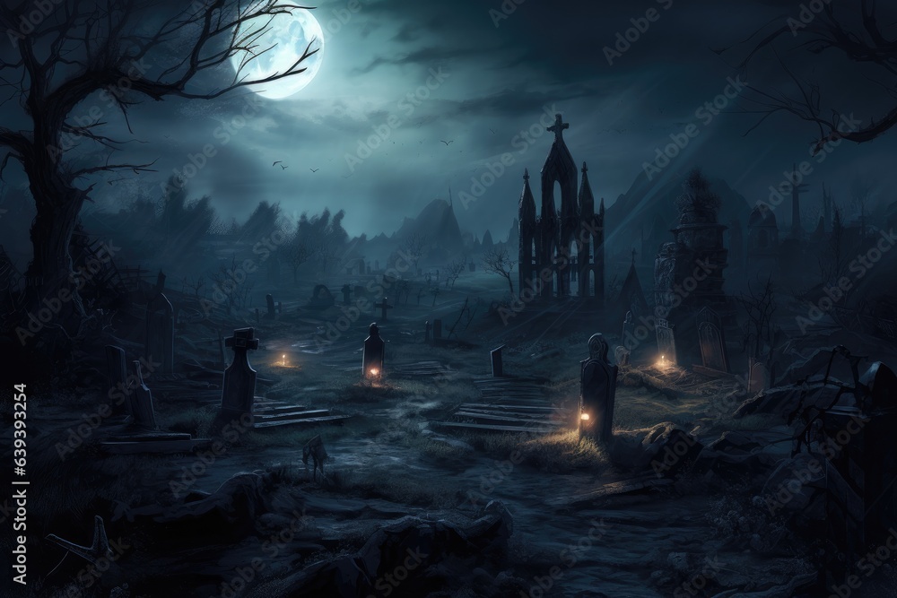 spooky graveyard by night. halloween background. 