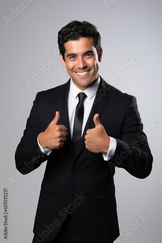 Hispanic business man stretching hand at camera in thumbs up greeting gesture, light blue background