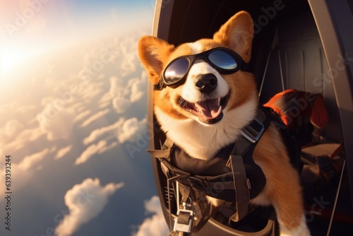 A corgi dog with glasses is sitting on a plane, preparing for a parachute jump