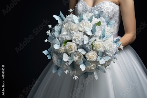 Wedding bouquet with butterflies in the hands of the bride