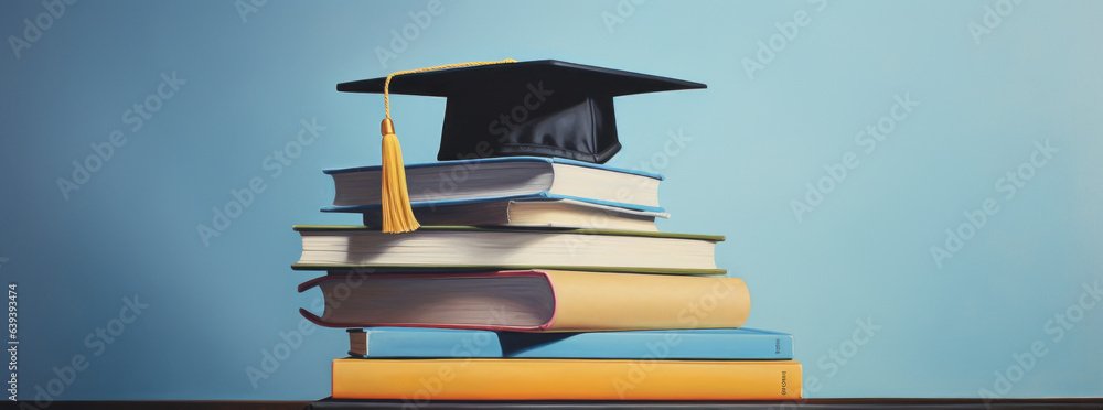 Books with academic hat on light blue background. The concept of learning, studying and graduation. - obrazy, fototapety, plakaty 