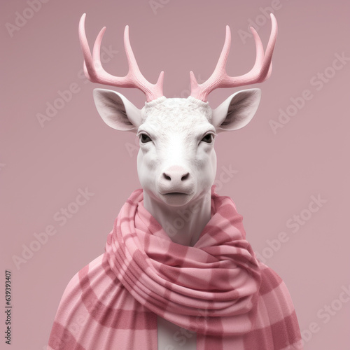 White reindeer with a pastel plaid scarf in shades of pink.