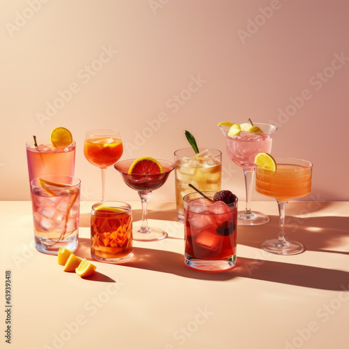 Glasses of drink with slices of fresh grapefruit, lime and oranges against bright beige and orange background. Creative minimal summer concept. Sunny day shadows.