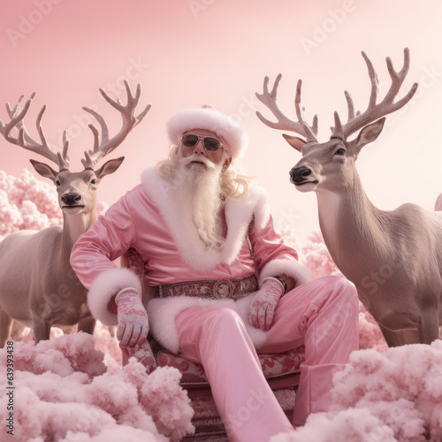 Santa Claus with reindeer in pink shades. Trendy Christmas and New Year concept. Y2K style.