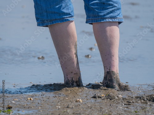 Beine eines Mannes mit Jeansbermuda stehen im Wattenmeer © dreakrawi
