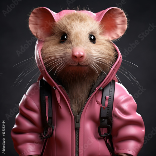 A cute little mouse in a pink jacket and with a school bag, excited to go back to school.