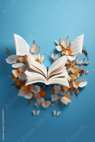 Aesthetic composition of books with paper decoration and butterflies on a pastel light blue background. Education and knowledge  concept. For book lovers.