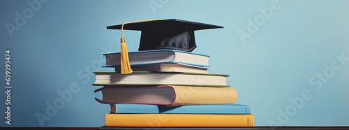 Books with academic hat on light blue background. The concept of learning, studying and graduation.