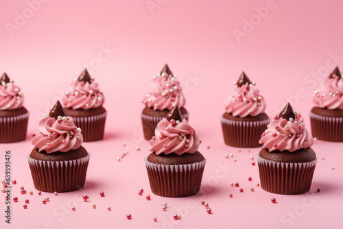 A vibrant and playful pattern of sweet  pastel cupcakes sprinkled with sugary icing adorns a tranquil pink surface. Retro food cake pattern.