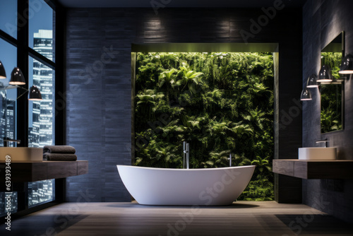 Luxurious modern bathroom with a green wall and plants with a view of the big city. The concept of modern interior design.
