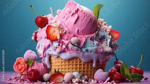  an ice cream sundae with strawberries and cherries. generative ai