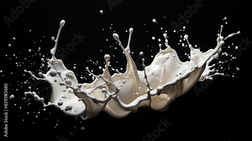  a splash of milk on a black background with white bubbles. generative ai