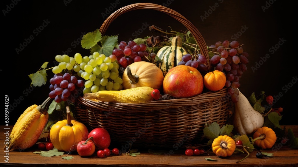 Bountiful Autumn: A Vibrant Harvest Basket Overflowing with Seasonal Delights Illuminated by Golden Light