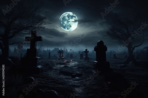 cinematic view of a graveyard by fullmoon. 