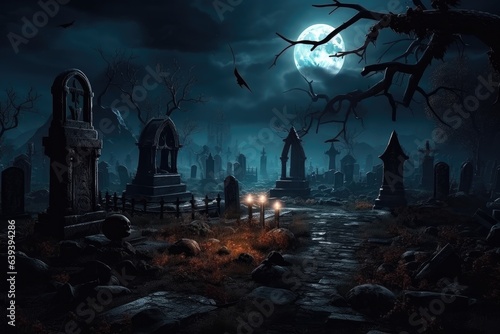 cinematic view of a graveyard by fullmoon. 