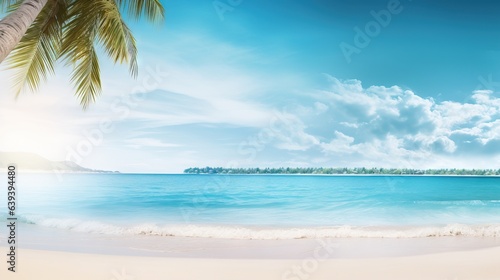  a painting of a beach with a palm tree in the foreground. generative ai