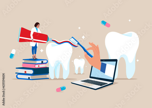 Dental care. Dentist Care of  Tooths with Toothbrush and tooth paste. Flat Vector Illustration