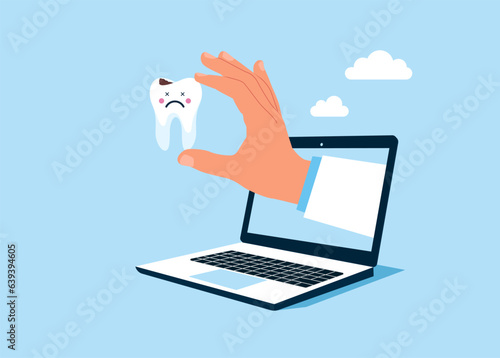 Sad tooth with broken enamel. Modern vector illustration in flat style