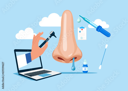 Computer checking patient human nose with symptoms of illness. Modern vector illustration in flat style