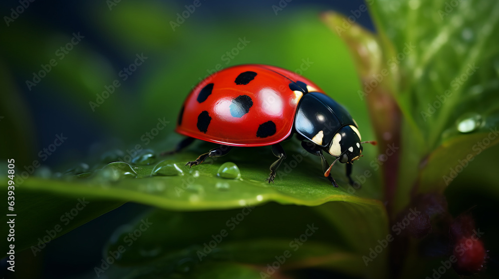 A ladybug perched on a vibrant green