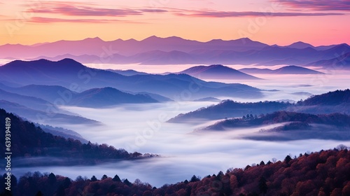  a view of a mountain range covered in fog at sunset. generative ai