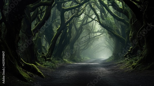 Mystical Enchantment: A Serene Journey Through the Foggy Canopy of Moss-Covered Trees, Bathed in Ethereal Light