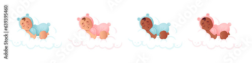 Sleeping baby set on clouds, boys and girls. Multicultural boys and girls characters in cartoon style.