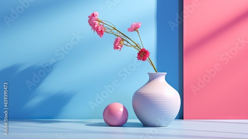  a white vase with pink flowers in it next to a pink egg.  generative ai