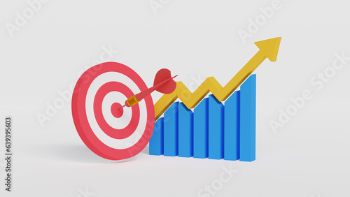 Target icon and growth graph with rise up arrow. 3D bar graph chart steps on white background. Business growth process, Profit, Investment, Economic improvement concepts