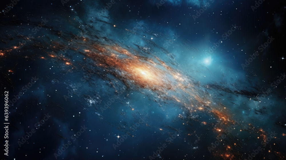 Fototapeta premium Panoramic astrophotography of visible Milky Way galaxy. Stars, nebula and stardust at night sky