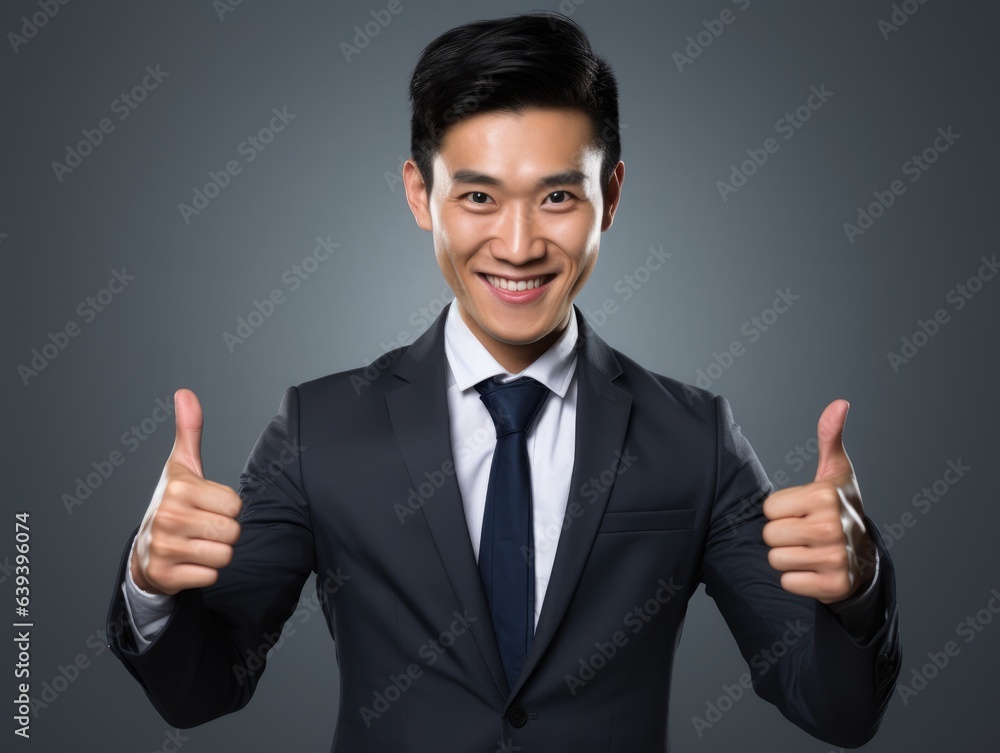 Malay business man stretching hand at camera in thumbs up greeting gesture, studio background Malay business man stretching hand at camera in thumbs up greeting gesture, studio background