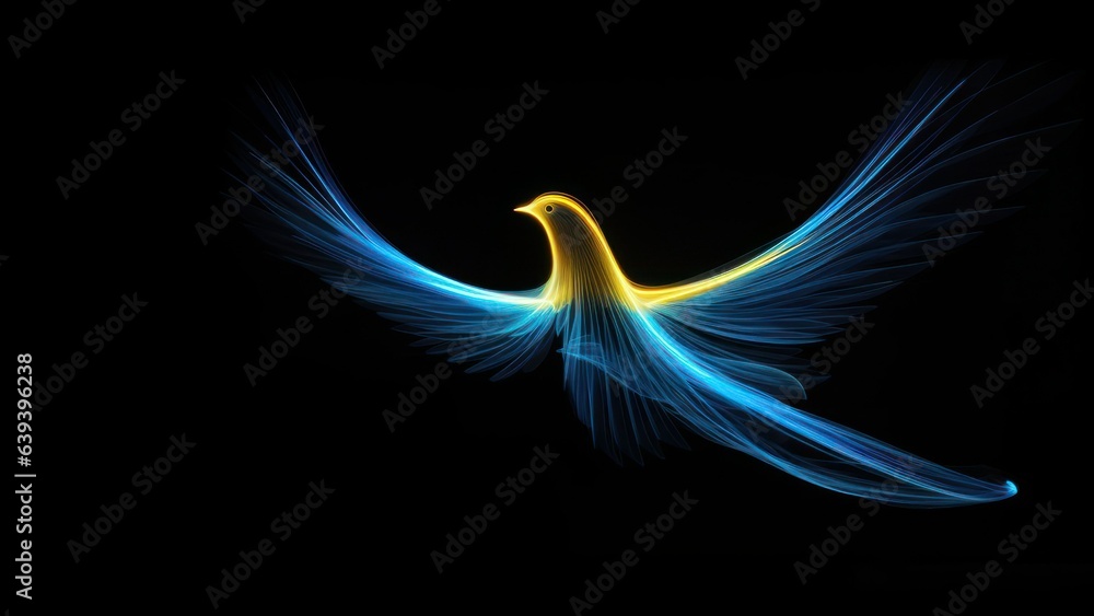 Φωτογραφία yellow and blue dove in light flight, neon light, as a symbol of Ukraine peace and freedom, on dark background