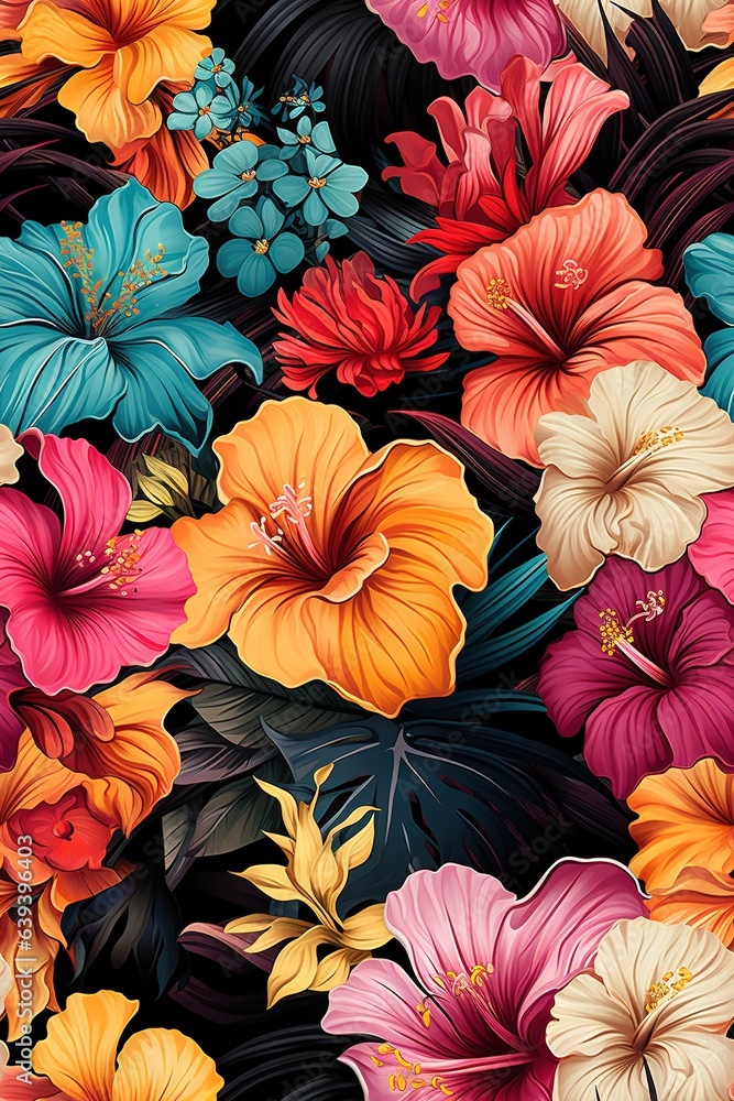  a bunch of colorful flowers on a black background with leaves.  generative ai