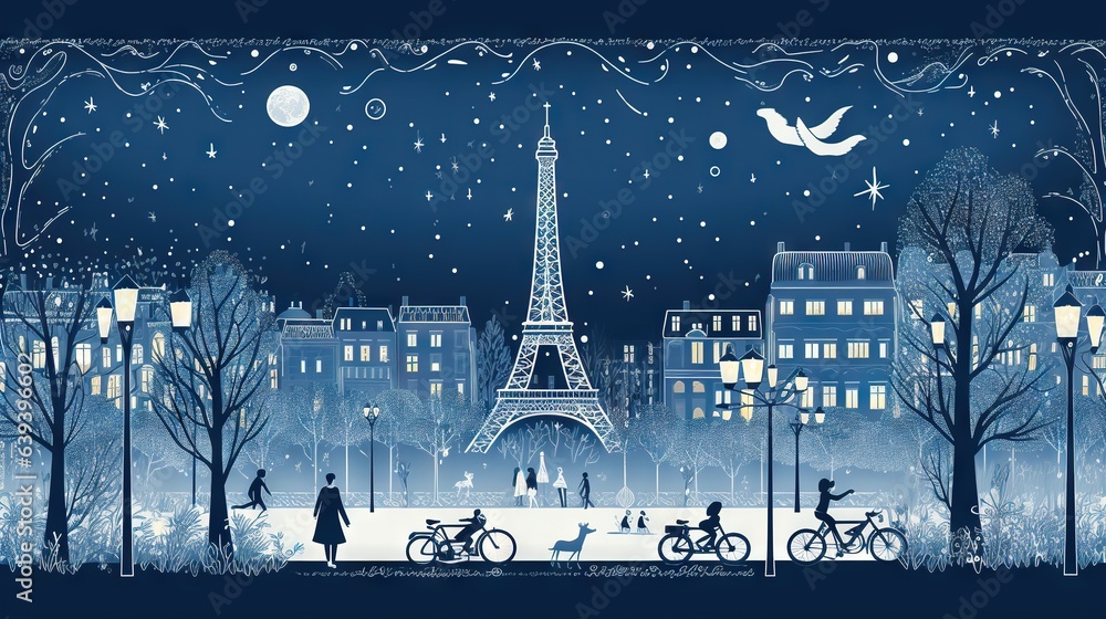  a night scene with people and bicycles in front of the eiffel tower.  generative ai