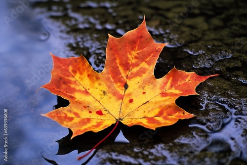 Autumn Maple Leaf in Puddle - Top View of Fallen Leaf