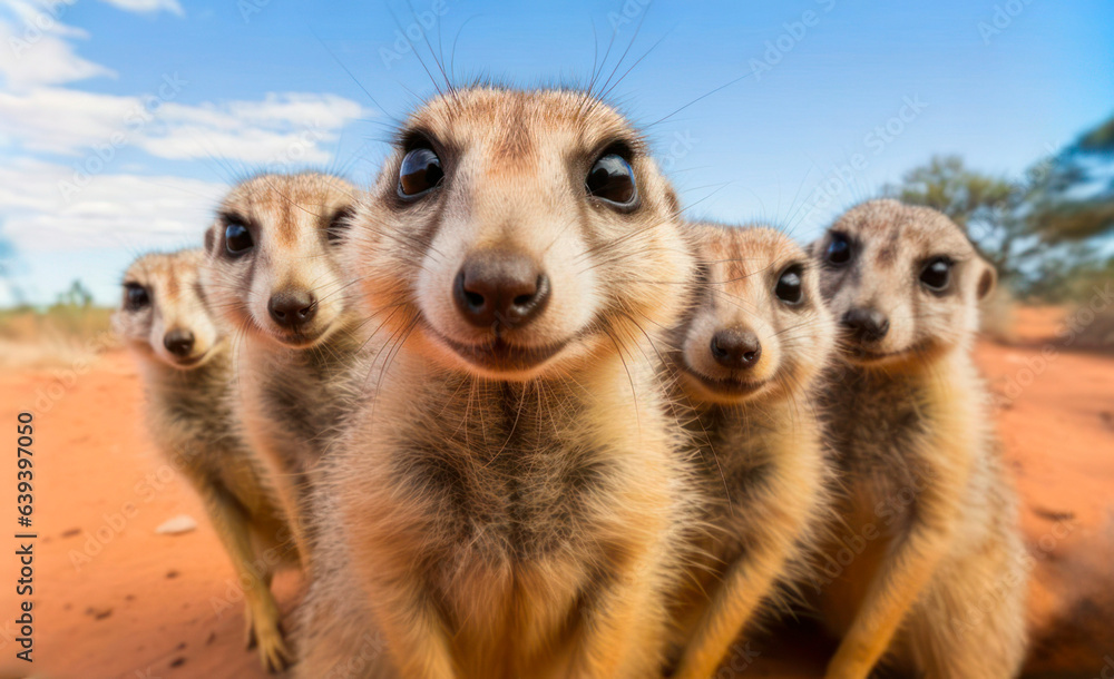 Curious Meerkats group with Happy Expressions Looking at GoPro Camera in the Savanna