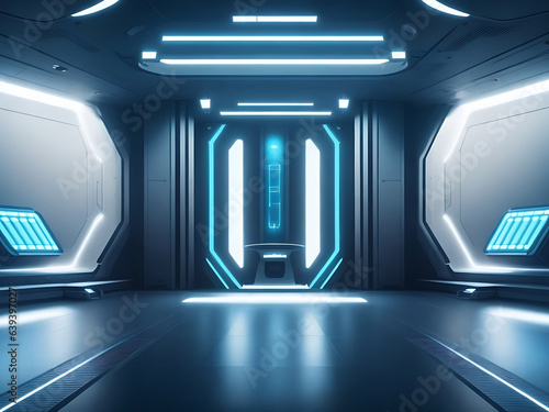 Technology Sci fi hi tech concept. 3d rendering Futuristic interior with empty stage. Modern future background.