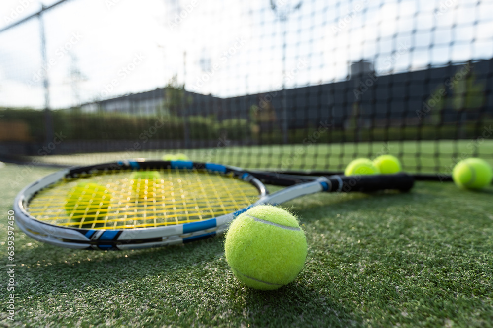Φωτογραφία View of empty lawn tennis court with tennis ball