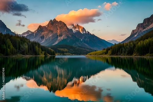 Sunset at a calm mountain lake in Austria with mirror-like reflection © ra0