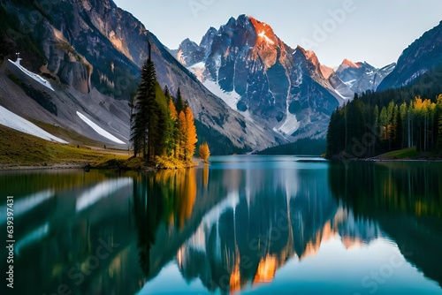 Sunset at a calm mountain lake in Austria with mirror-like reflection