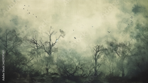 Birds flying in a forest painting